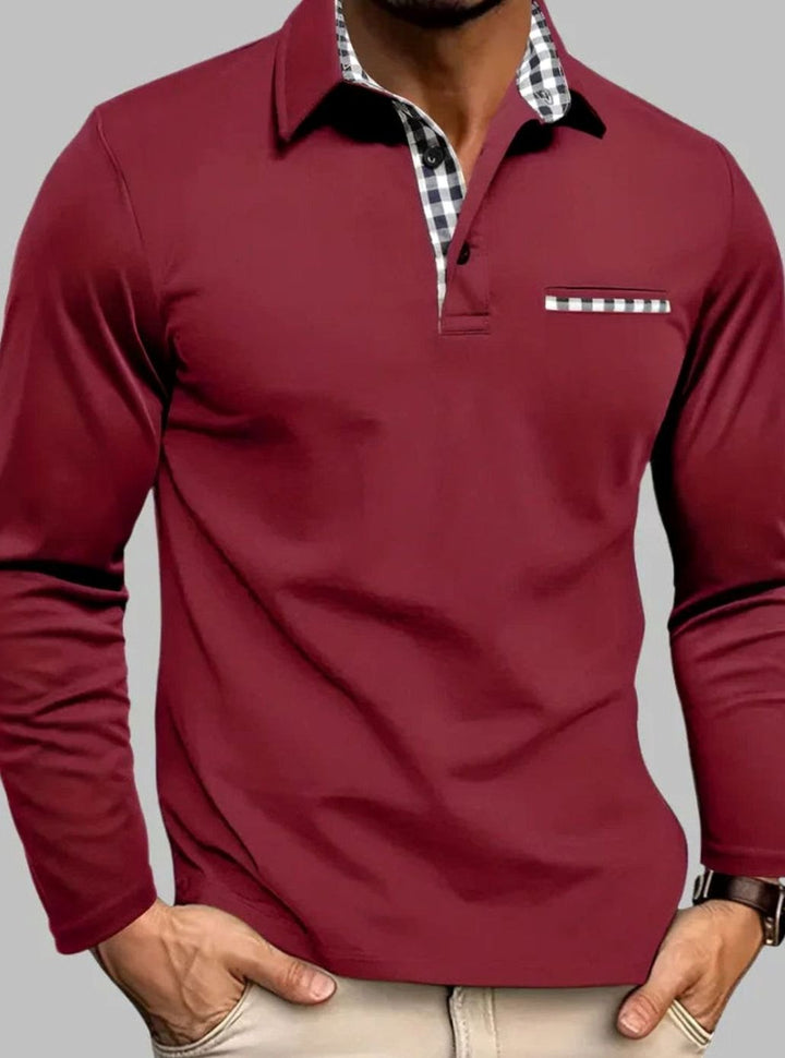 Men's Long-Sleeve Gingham Contrast Trim Polo Shirt - Burgundy