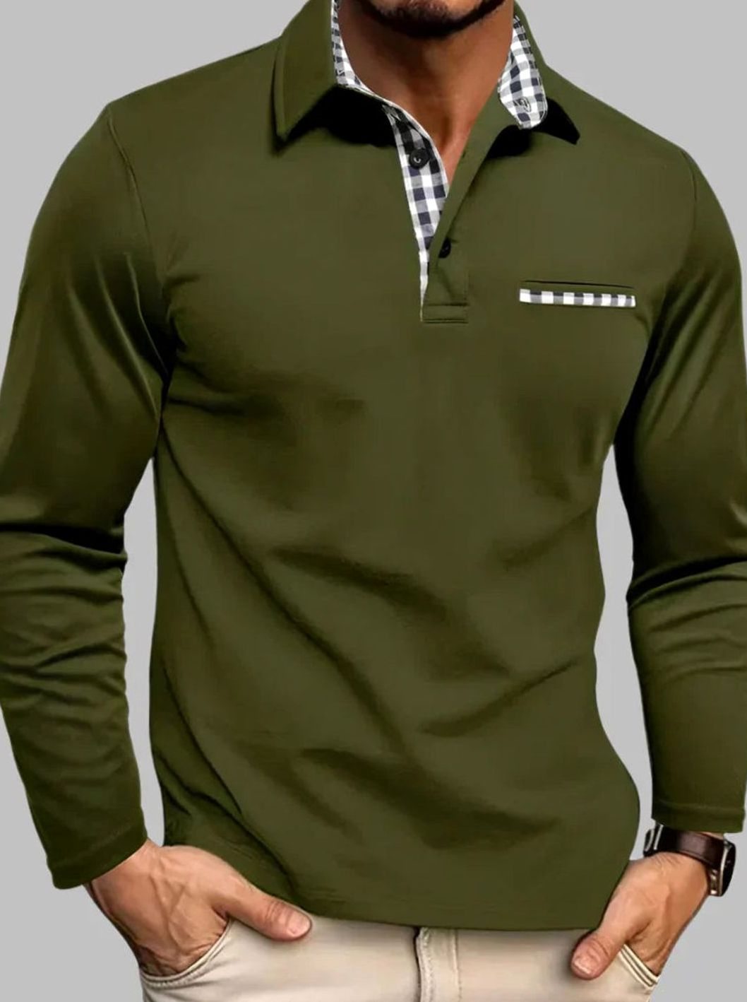 Men's Long-Sleeve Gingham Contrast Trim Polo Shirt - Olive Green