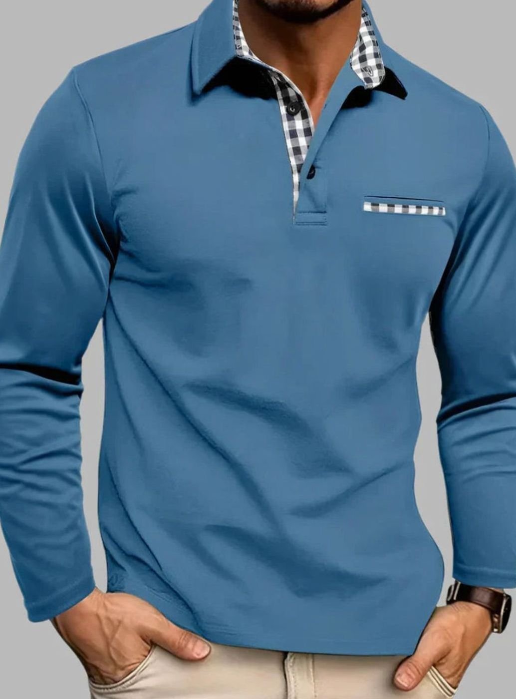 Men's Long-Sleeve Gingham Contrast Trim Polo Shirt - Light Blue