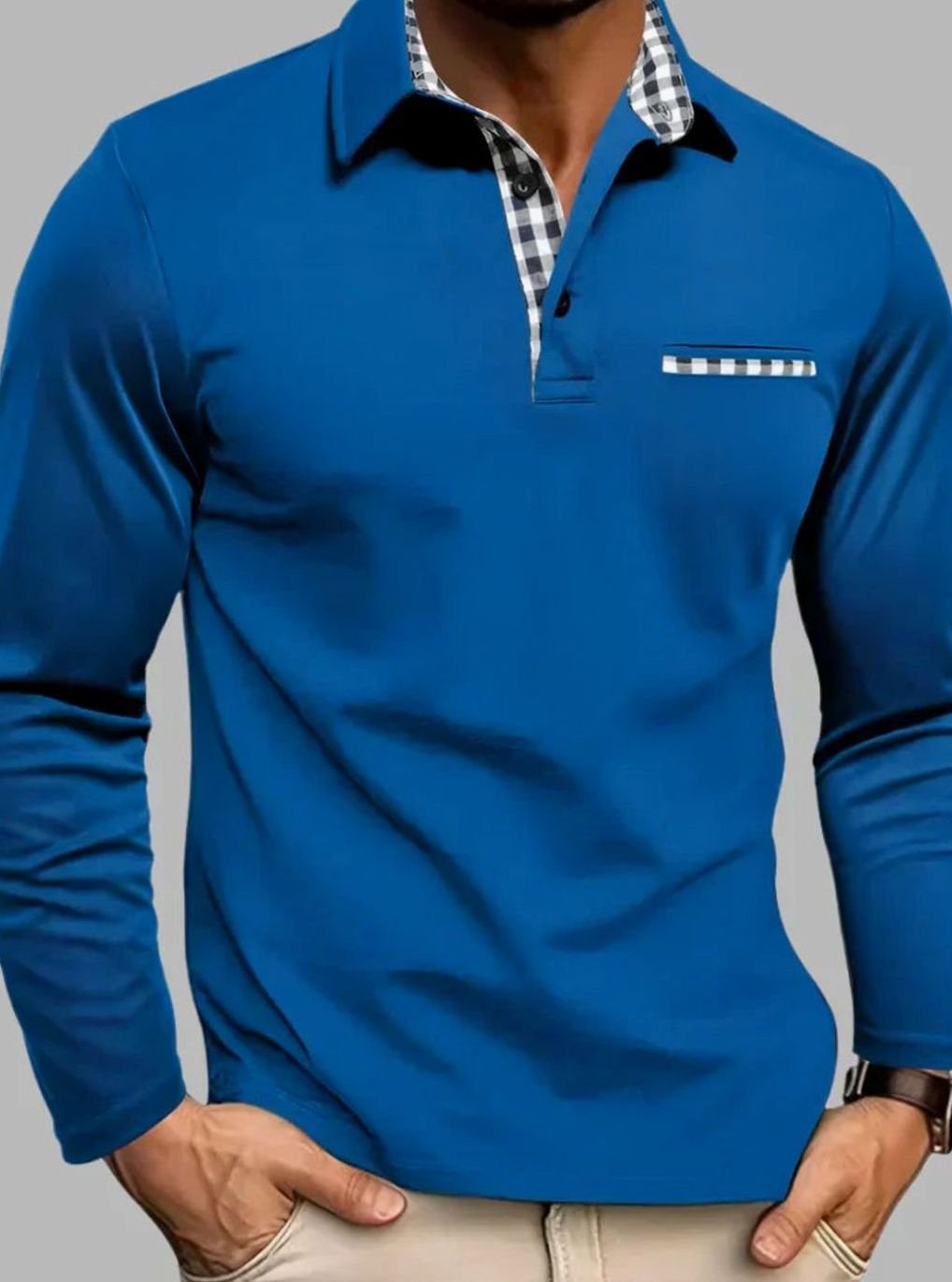Men's Long-Sleeve Gingham Contrast Trim Polo Shirt - Blue