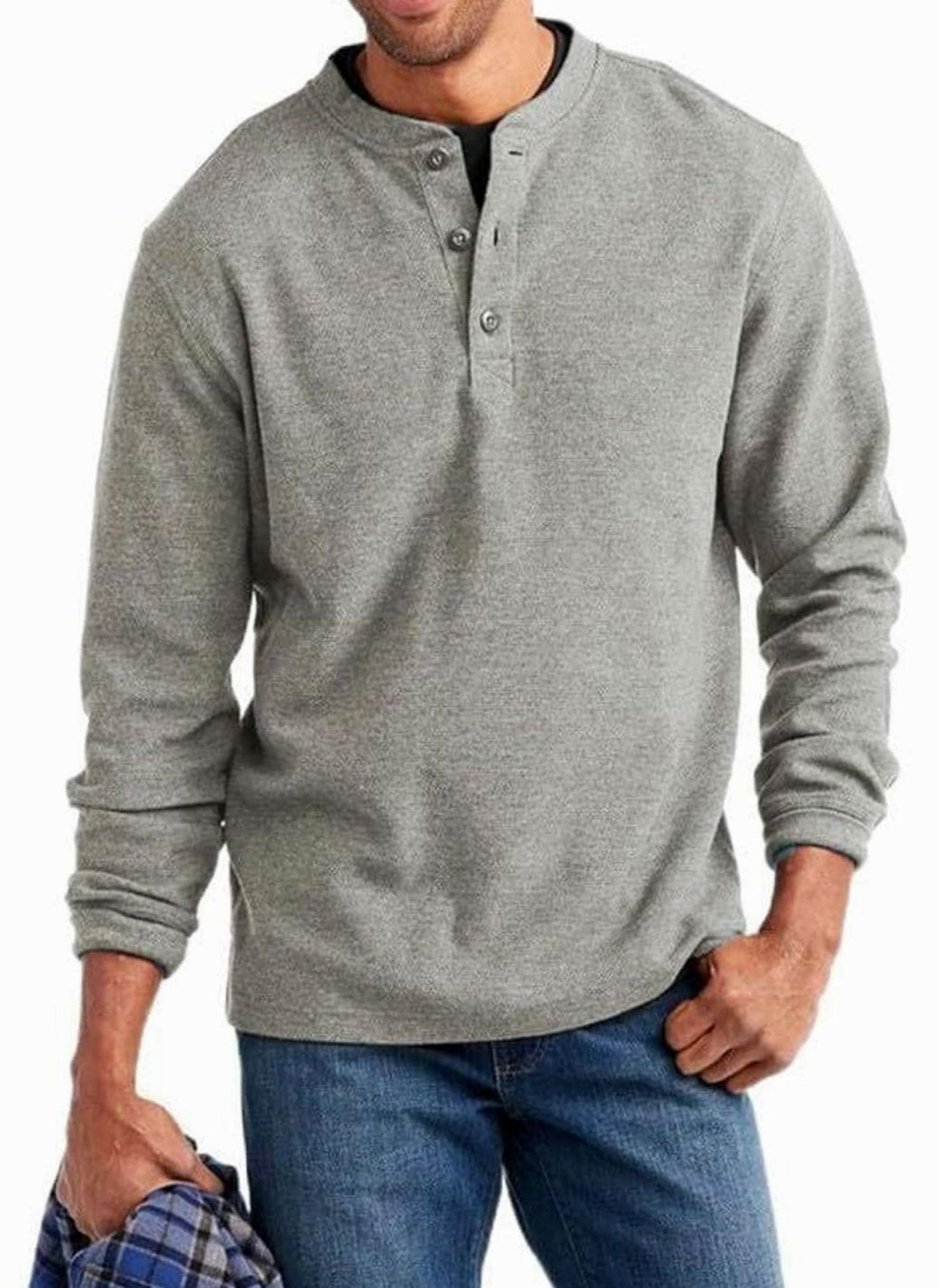 Men's Long Sleeve Henley Shirt Button Placket Casual Top - Gray
