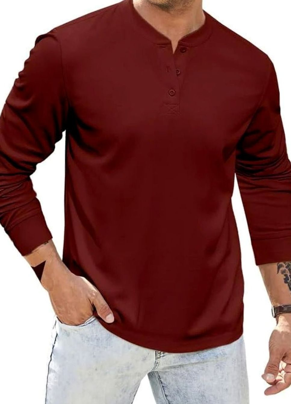 Men's Long Sleeve Henley Shirt Button Placket Casual Top - Burgundy
