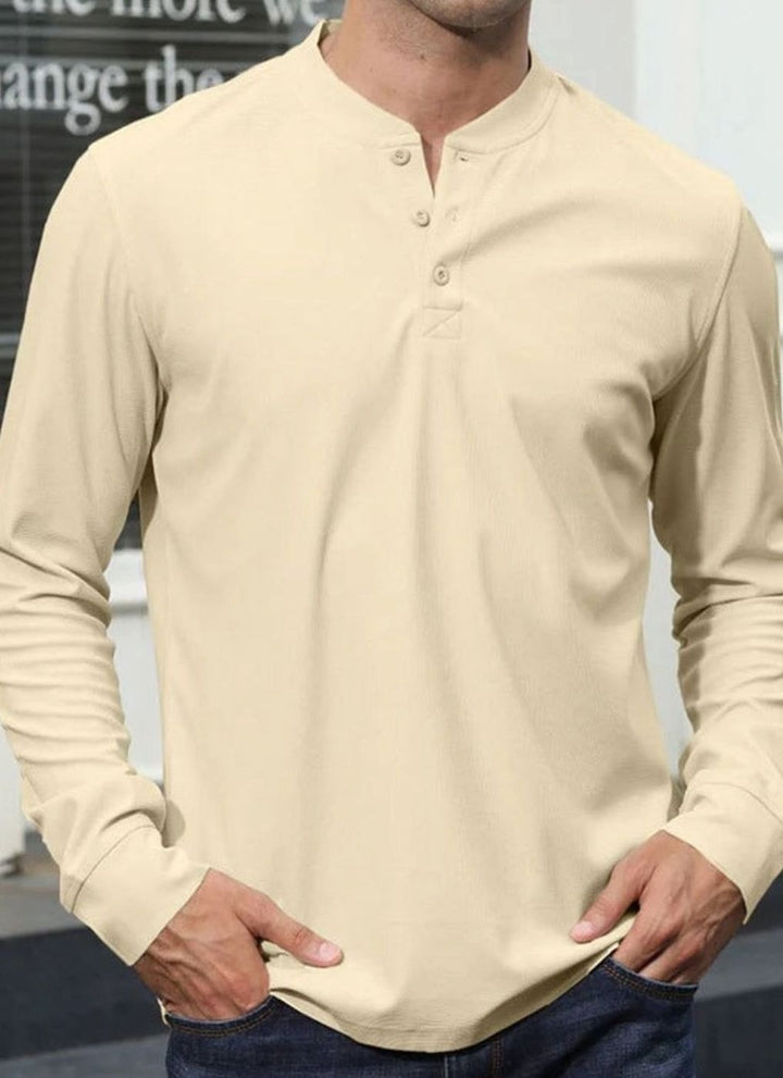 Men's Long Sleeve Henley Shirt Button Placket Casual Top - Apricot