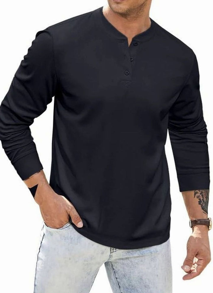 Men's Long Sleeve Henley Shirt Button Placket Casual Top - Black