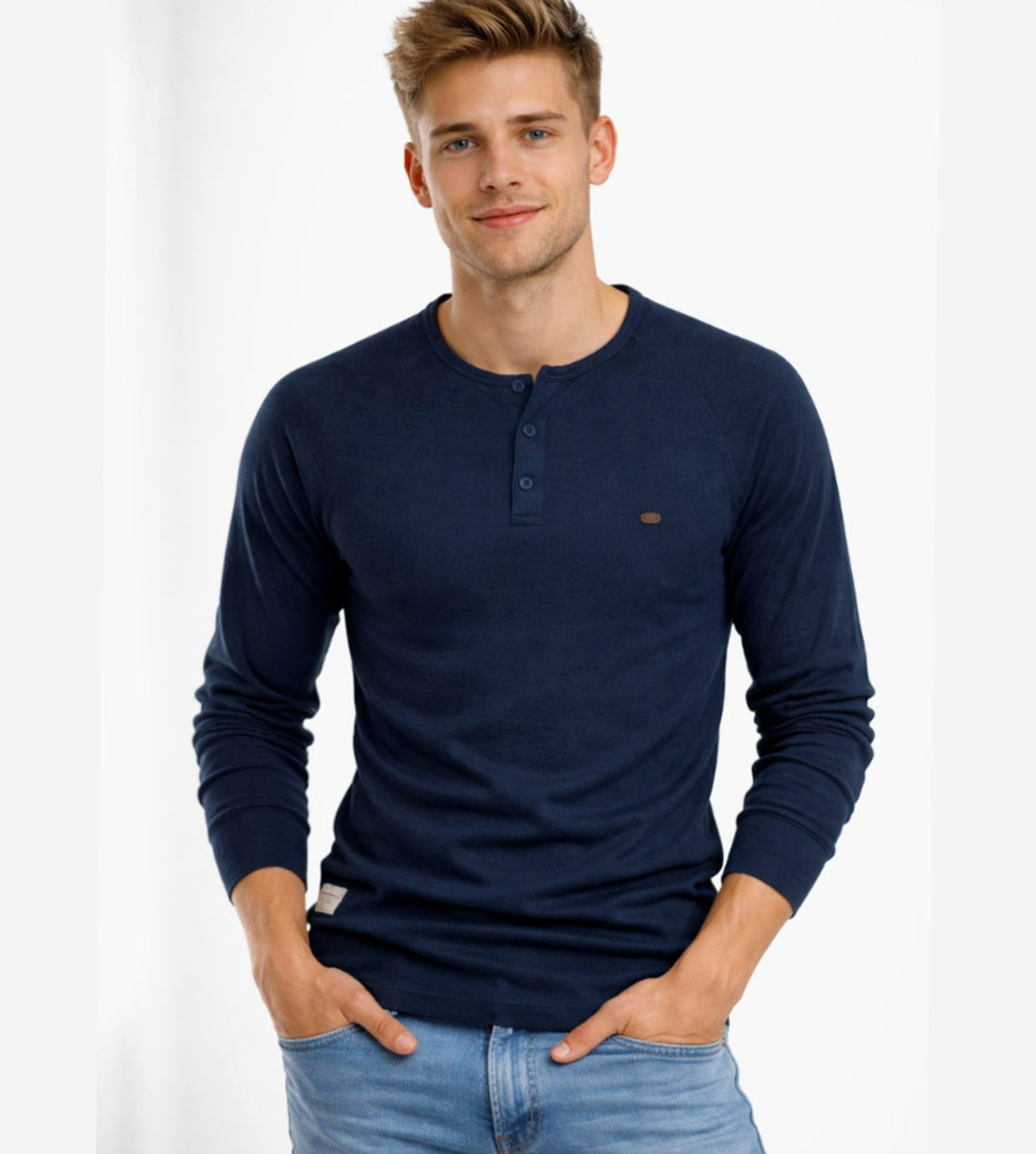 Men's Long Sleeve Henley Shirt Casual Button Neck Top - Navy Blue