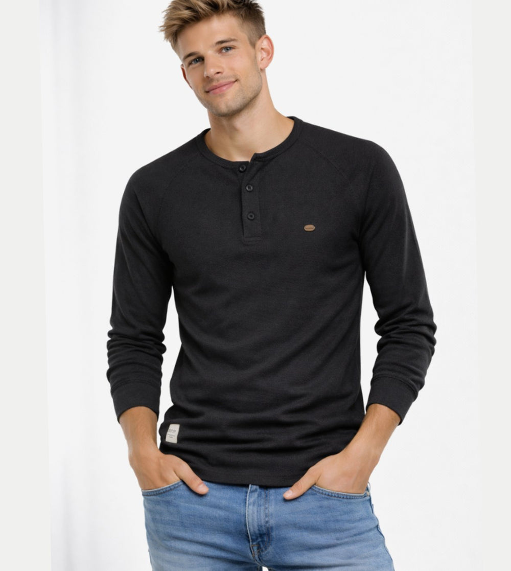 Men's Long Sleeve Henley Shirt Casual Button Neck Top - Black