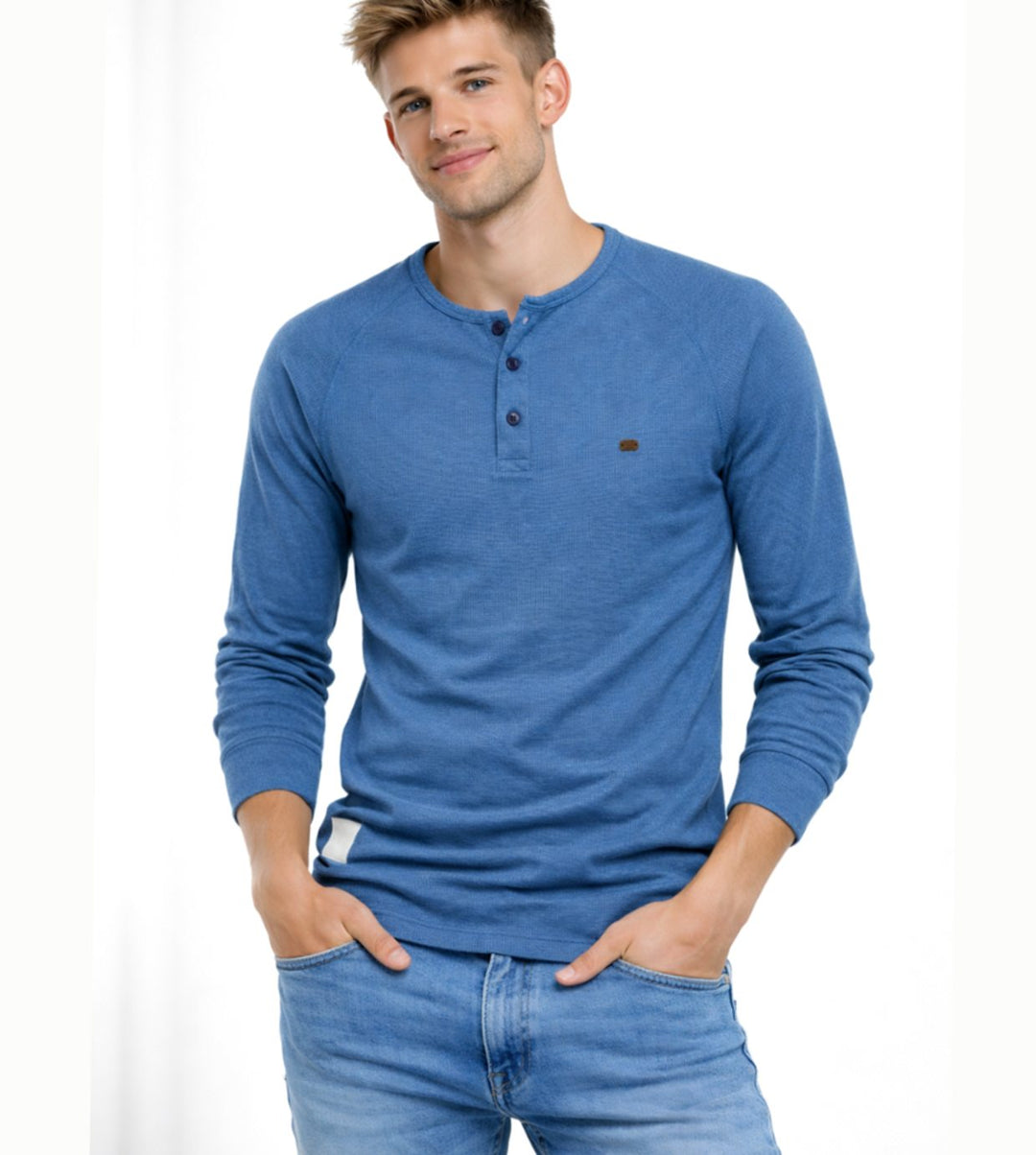 Men's Long Sleeve Henley Shirt Casual Button Neck Top - Blue