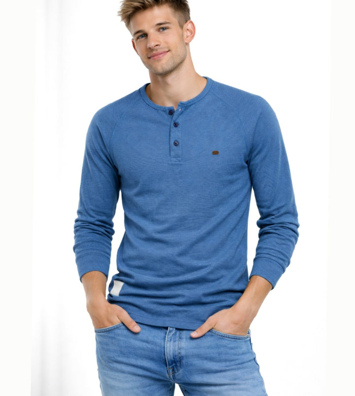 Men's Long Sleeve Henley Shirt Casual Button Neck Top - Blue