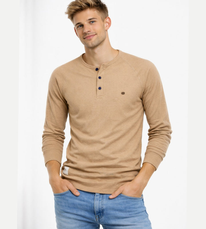 Men's Long Sleeve Henley Shirt Casual Button Neck Top - Khaki