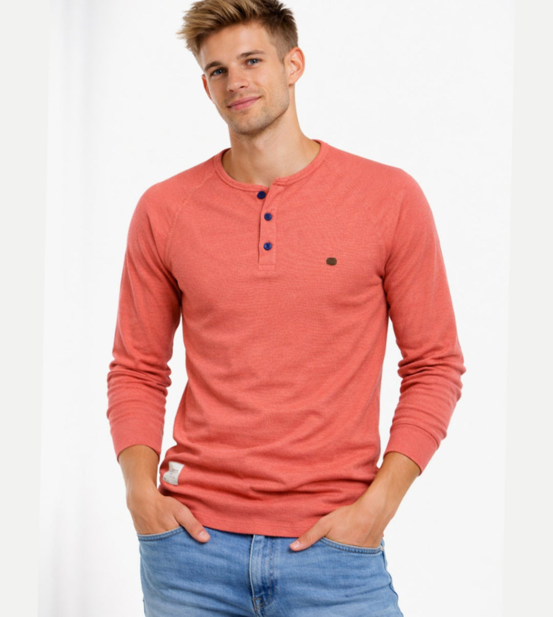 Men's Long Sleeve Henley Shirt Casual Button Neck Top - Coral Pink