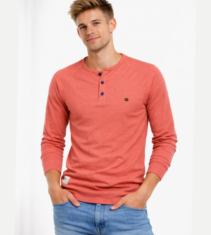 Men's Long Sleeve Henley Shirt Casual Button Neck Top - Coral Pink