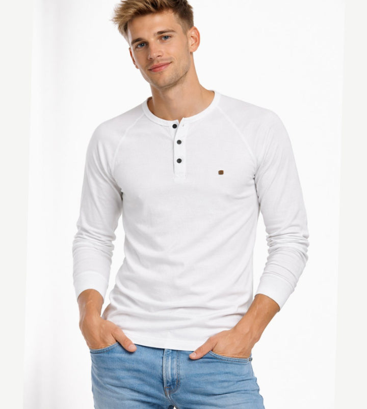 Men's Long Sleeve Henley Shirt Casual Button Neck Top - White