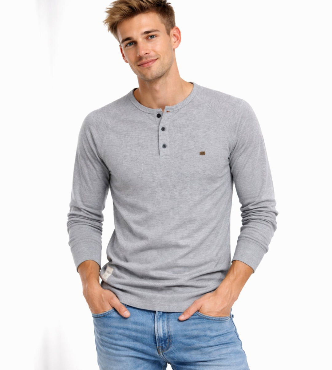 Men's Long Sleeve Henley Shirt Casual Button Neck Top - Light Grey