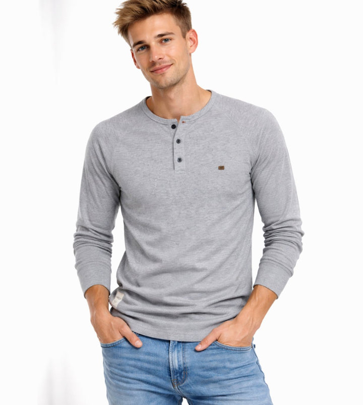 Men's Long Sleeve Henley Shirt Casual Button Neck Top - Light Grey