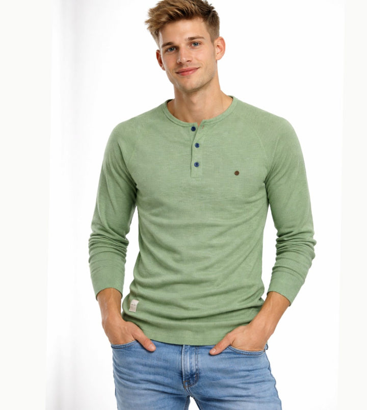 Men's Long Sleeve Henley Shirt Casual Button Neck Top - Green