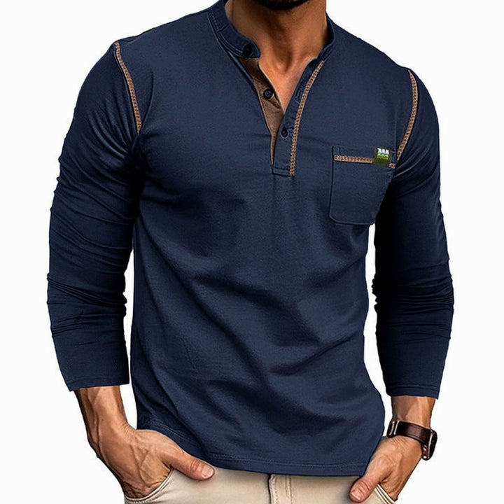 Men's Long Sleeve Henley Shirt Chest Pocket Button Placket - Royal Blue