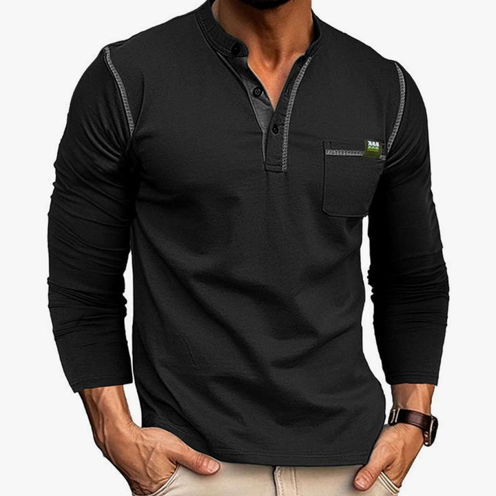 Men's Long Sleeve Henley Shirt Chest Pocket Button Placket - Black
