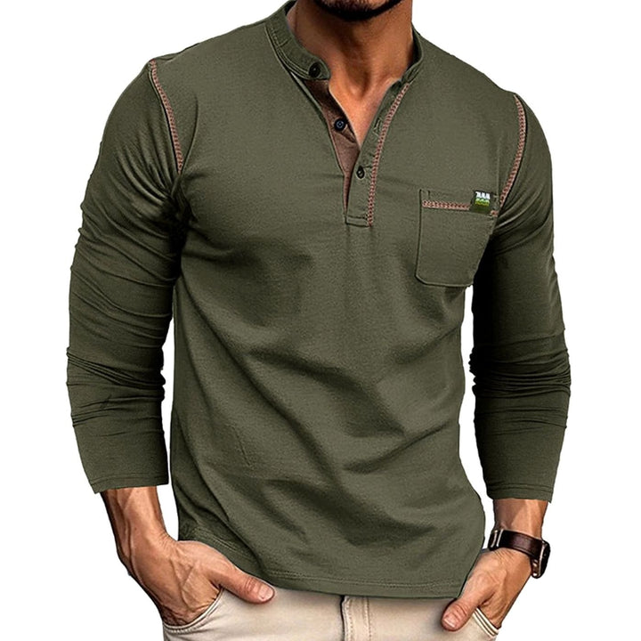 Men's Long Sleeve Henley Shirt Chest Pocket Button Placket - Dark Green