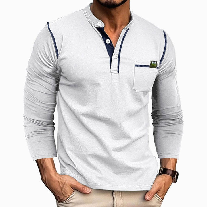 Men's Long Sleeve Henley Shirt Chest Pocket Button Placket - White