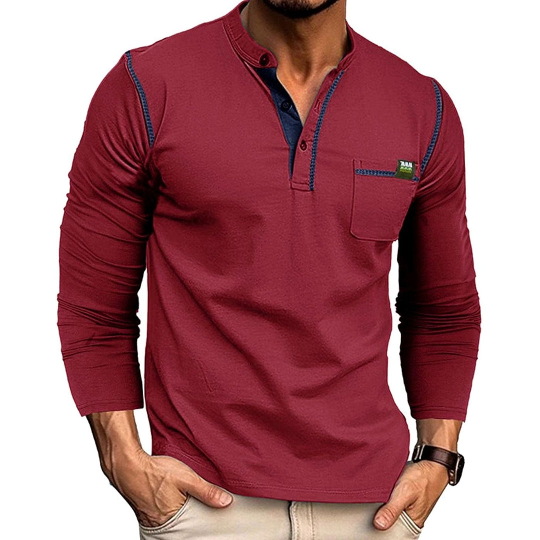 Men's Long Sleeve Henley Shirt Chest Pocket Button Placket - Wine Red