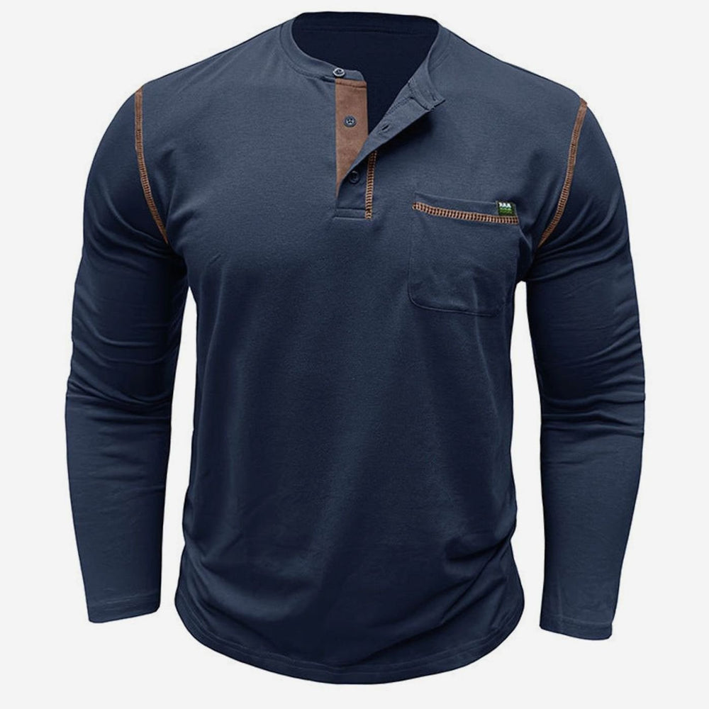 Men's Long Sleeve Henley Shirt Chest Pocket Button Placket