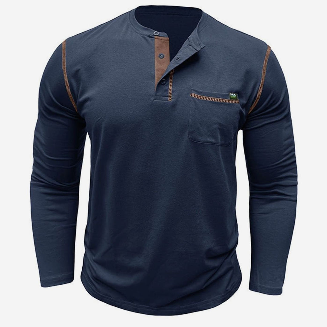 Men's Long Sleeve Henley Shirt Chest Pocket Button Placket