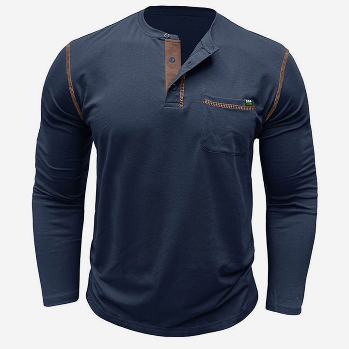 Men's Long Sleeve Henley Shirt Chest Pocket Button Placket