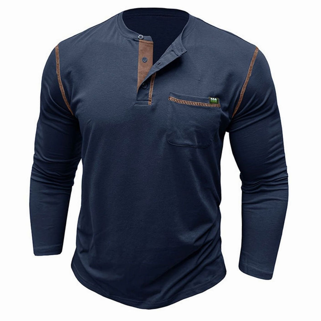 Men's Long Sleeve Henley Shirt Chest Pocket Button Placket