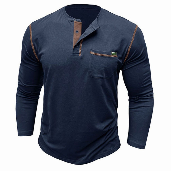 Men's Long Sleeve Henley Shirt Chest Pocket Button Placket