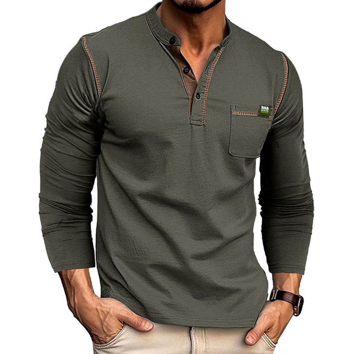 Men's Long Sleeve Henley Shirt Chest Pocket Button Placket - Dark Gray