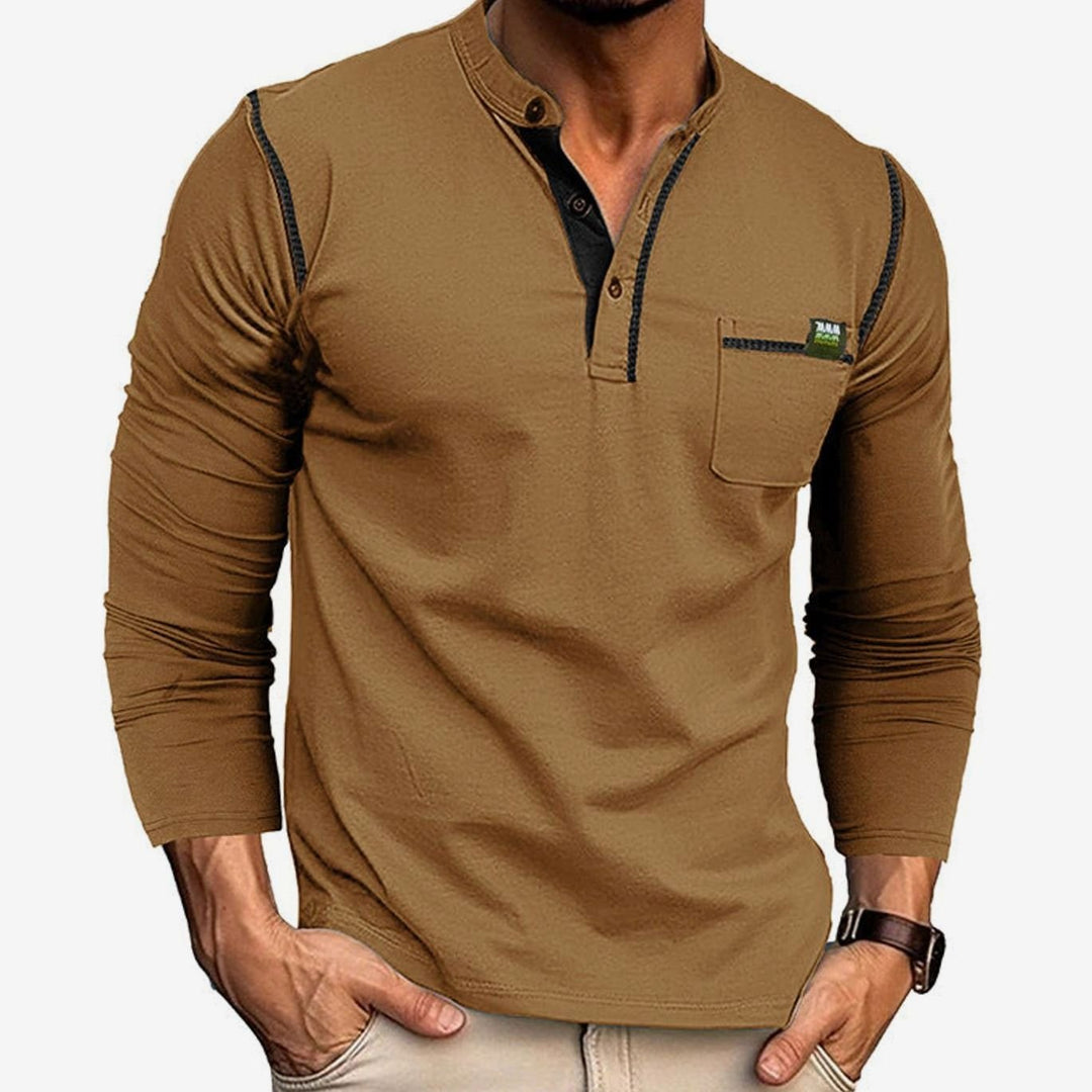Men's Long Sleeve Henley Shirt Chest Pocket Button Placket - Ginger
