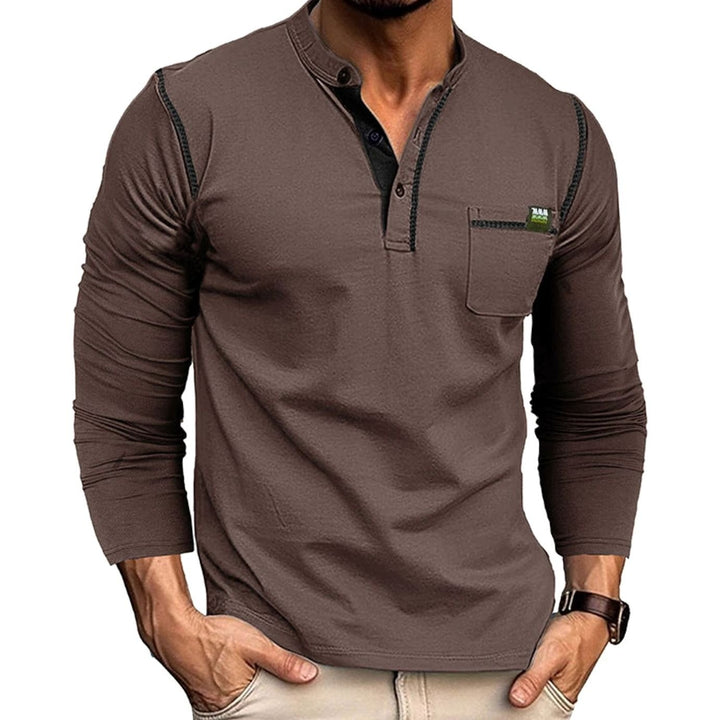 Men's Long Sleeve Henley Shirt Chest Pocket Button Placket - Brown