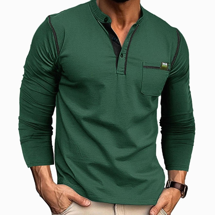 Men's Long Sleeve Henley Shirt Chest Pocket Button Placket - Green