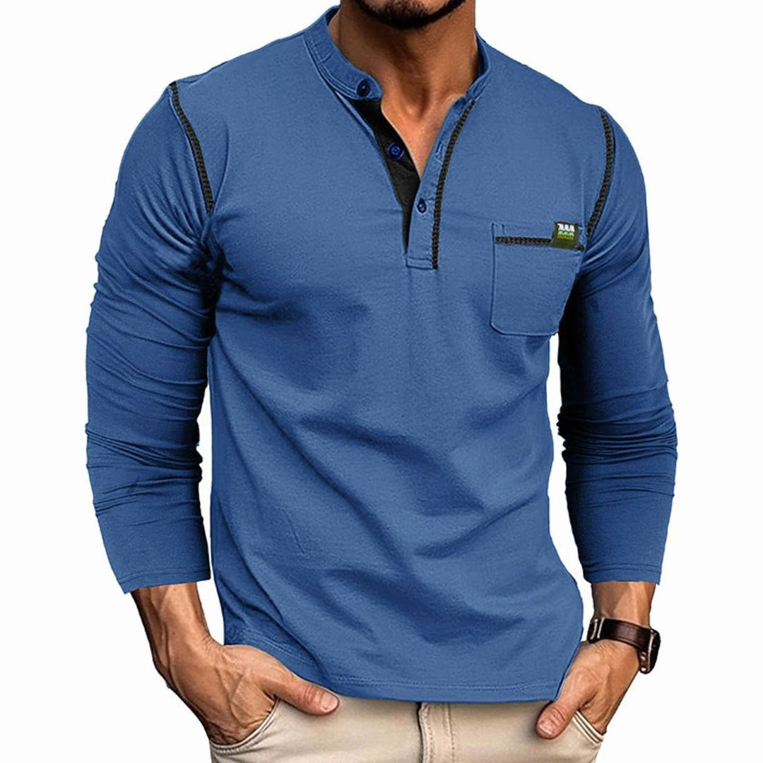 Men's Long Sleeve Henley Shirt Chest Pocket Button Placket - Blue