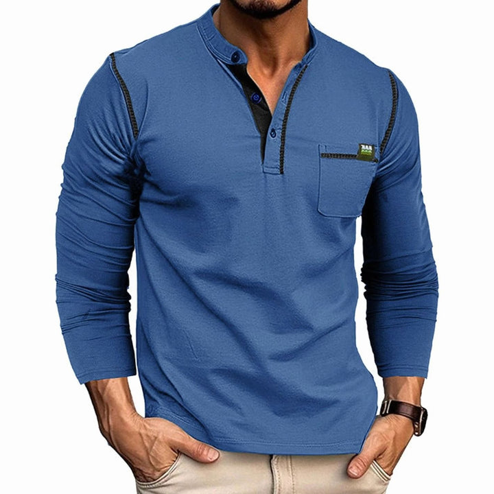 Men's Long Sleeve Henley Shirt Chest Pocket Button Placket - Blue