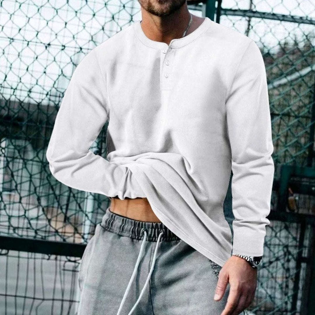 Men's Long Sleeve Henley Shirt Regular Fit Cotton Blend - White