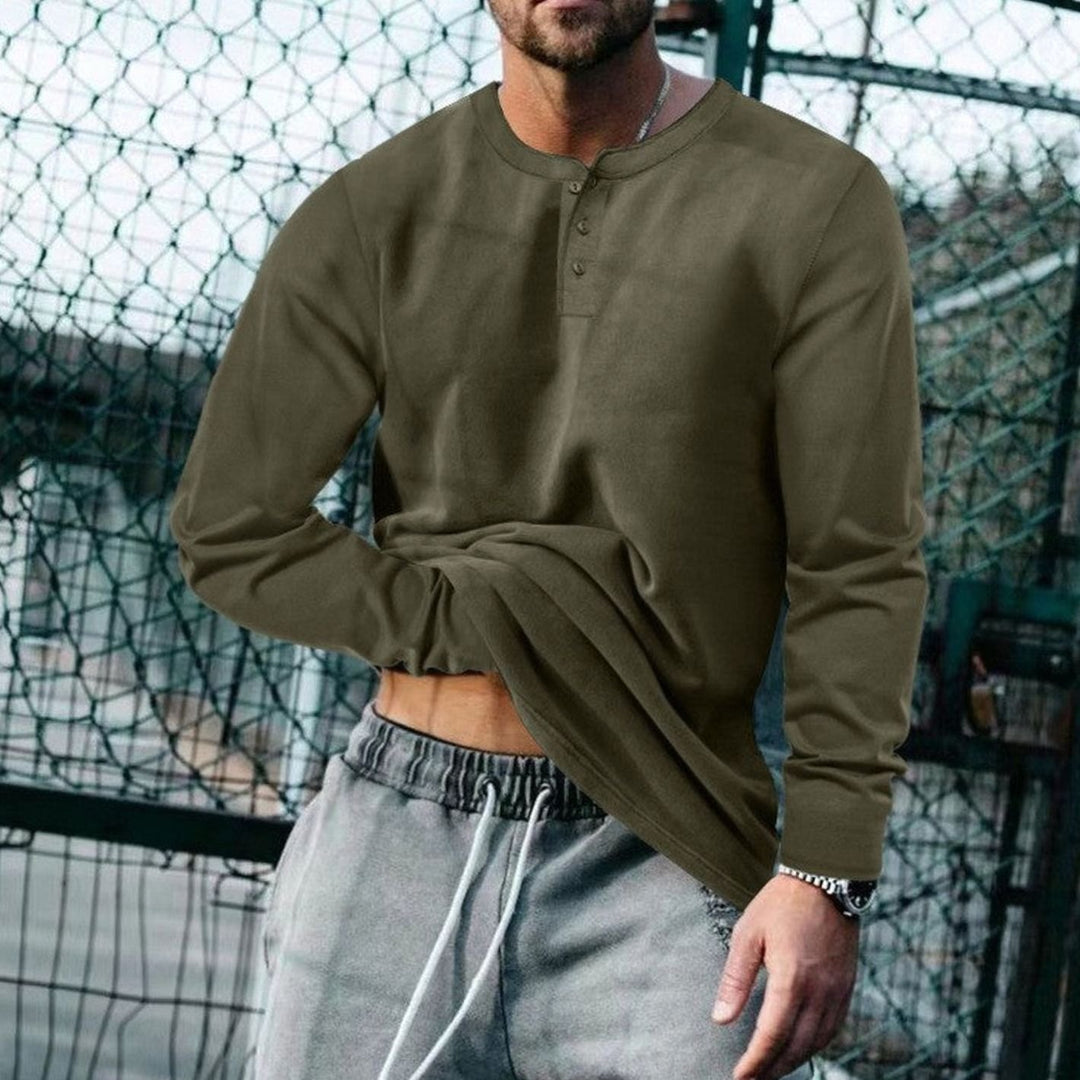 Men's Long Sleeve Henley Shirt Regular Fit Cotton Blend - Military Green