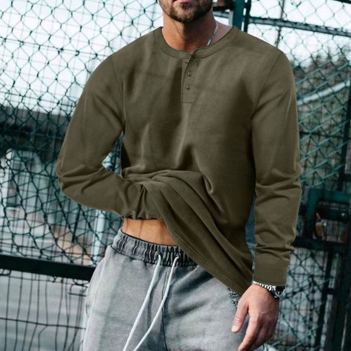 Men's Long Sleeve Henley Shirt Regular Fit Cotton Blend - Military Green