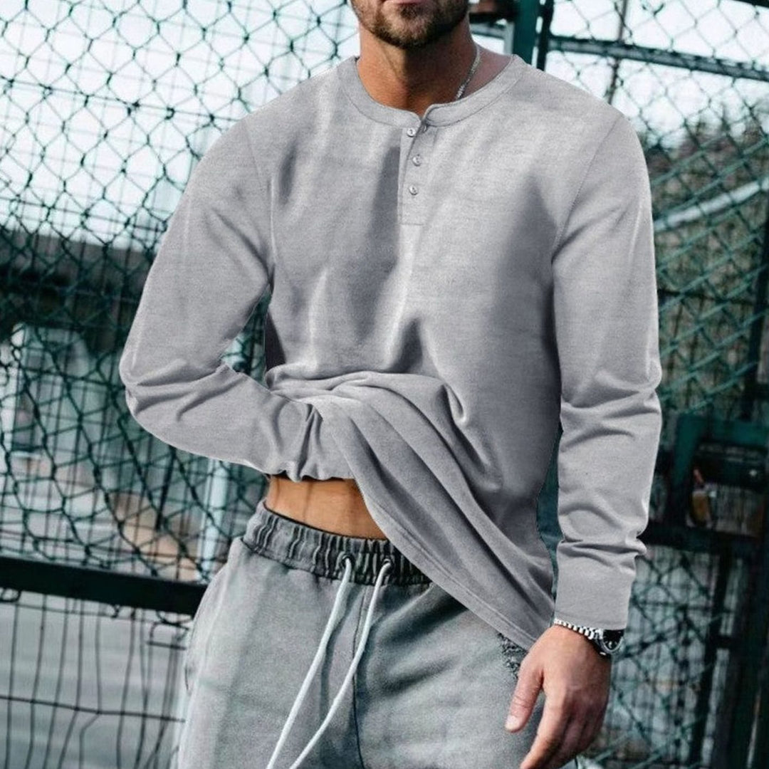 Men's Long Sleeve Henley Shirt Regular Fit Cotton Blend - Light Gray
