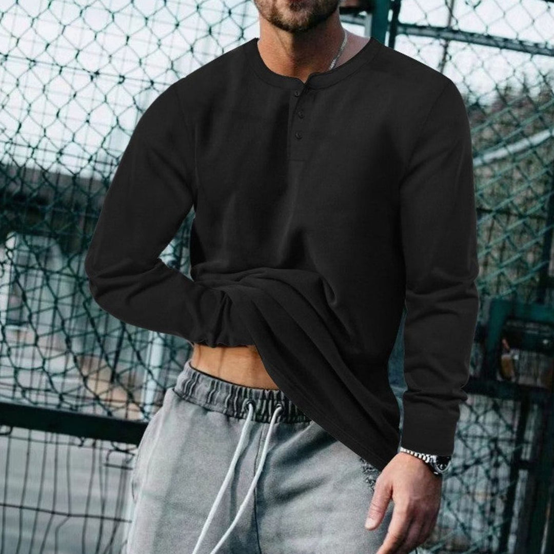 Men's Long Sleeve Henley Shirt Regular Fit Cotton Blend - Black