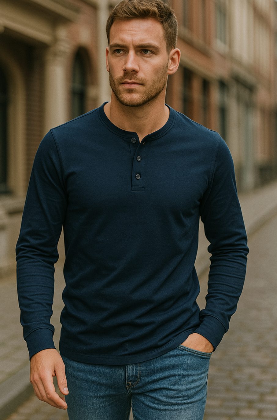 Men's Long Sleeve Henley Shirt Relaxed-Fit Button-Neck Tee