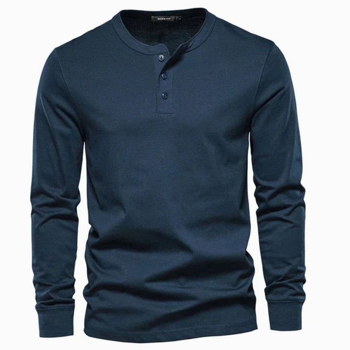 Men's Long Sleeve Henley Shirt Relaxed-Fit Button-Neck Tee - Navy Blue