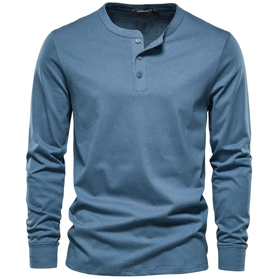 Men's Long Sleeve Henley Shirt Relaxed-Fit Button-Neck Tee - Light Blue