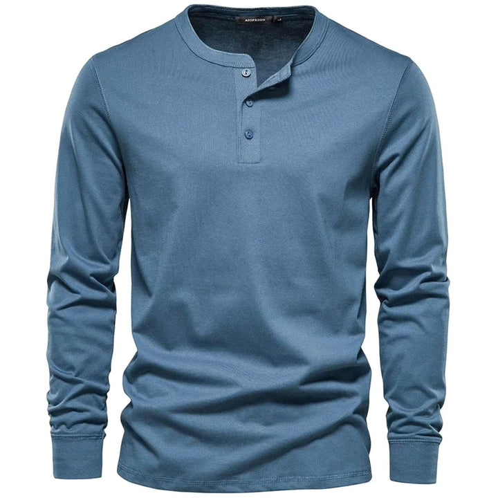 Men's Long Sleeve Henley Shirt Relaxed-Fit Button-Neck Tee - Light Blue