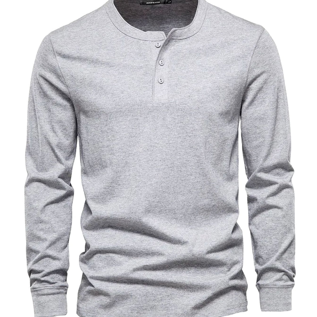 Men's Long Sleeve Henley Shirt Relaxed-Fit Button-Neck Tee - Light Grey