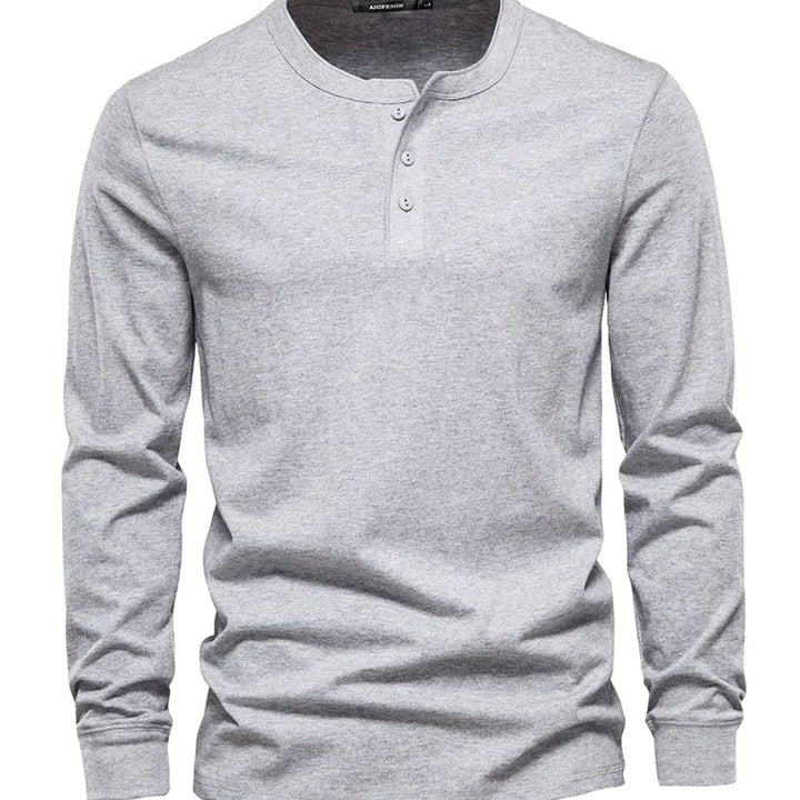 Men's Long Sleeve Henley Shirt Relaxed-Fit Button-Neck Tee - Light Grey