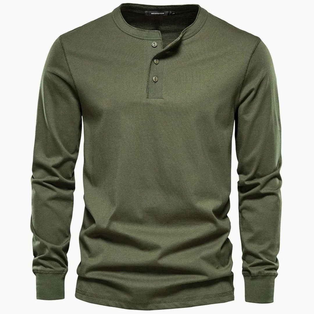 Men's Long Sleeve Henley Shirt Relaxed-Fit Button-Neck Tee - Green