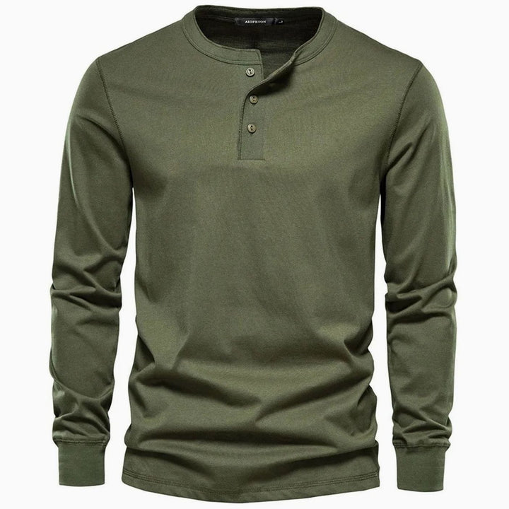 Men's Long Sleeve Henley Shirt Relaxed-Fit Button-Neck Tee - Green