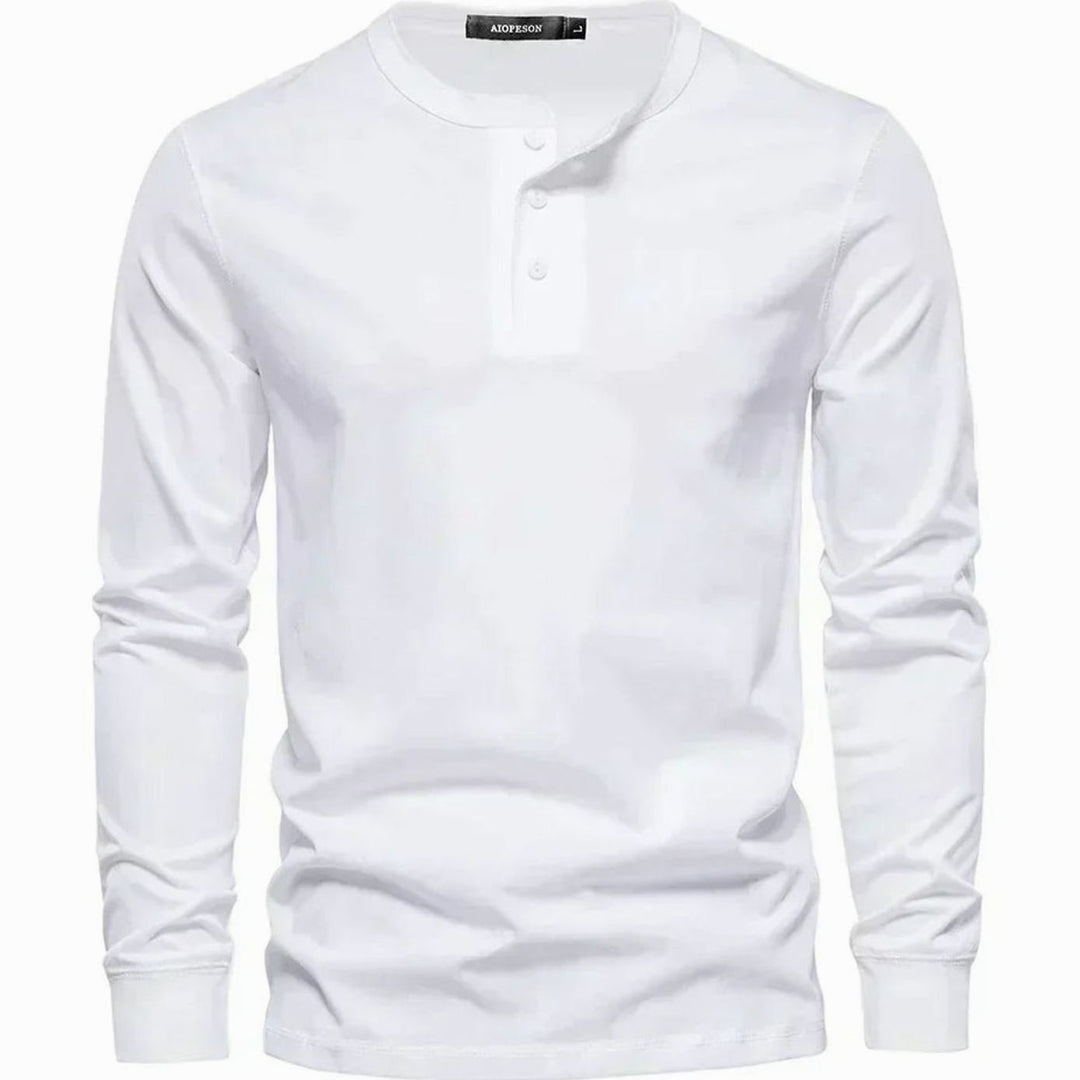 Men's Long Sleeve Henley Shirt Relaxed-Fit Button-Neck Tee - White