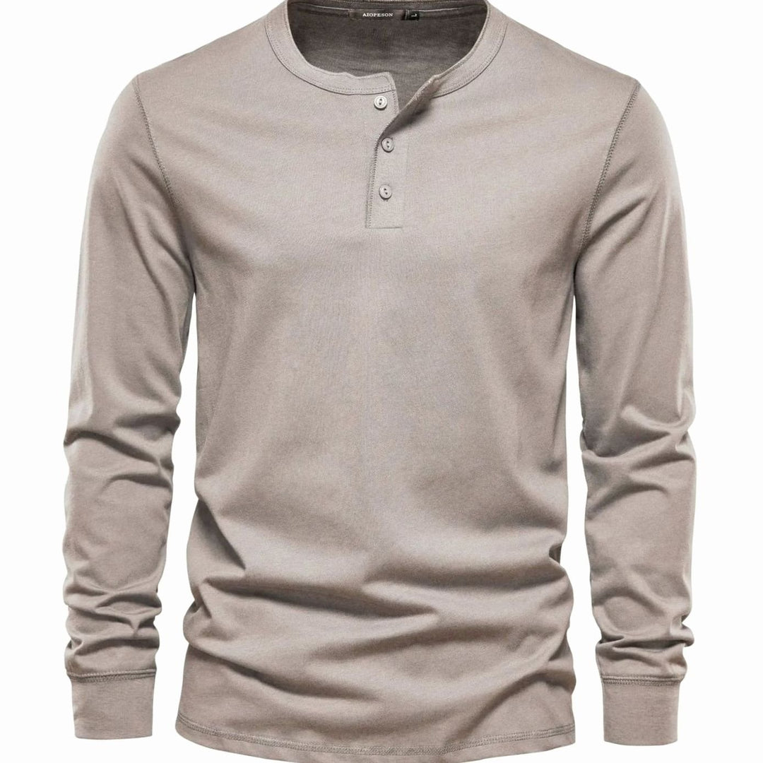Men's Long Sleeve Henley Shirt Relaxed-Fit Button-Neck Tee - Beige